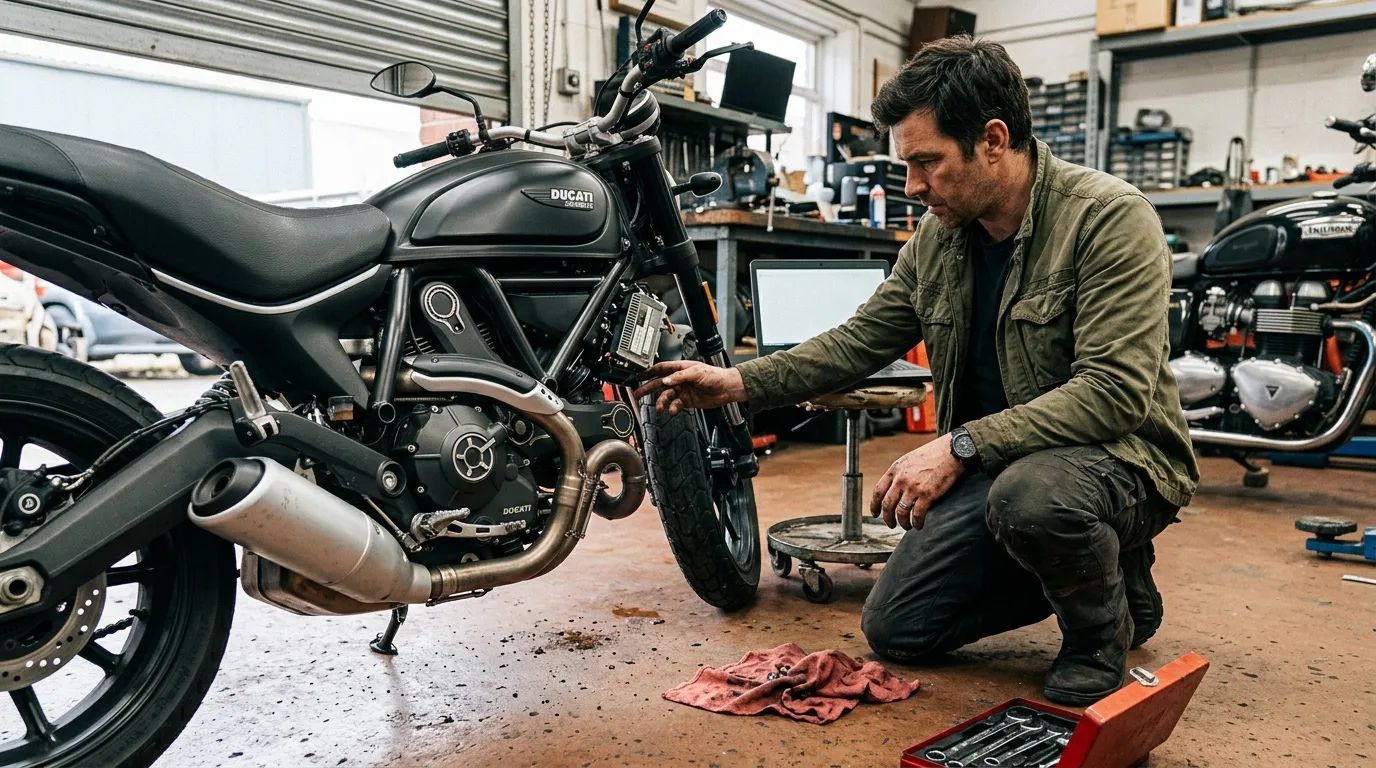 Mécanicien travaillant sur moteur Ducati en atelier
