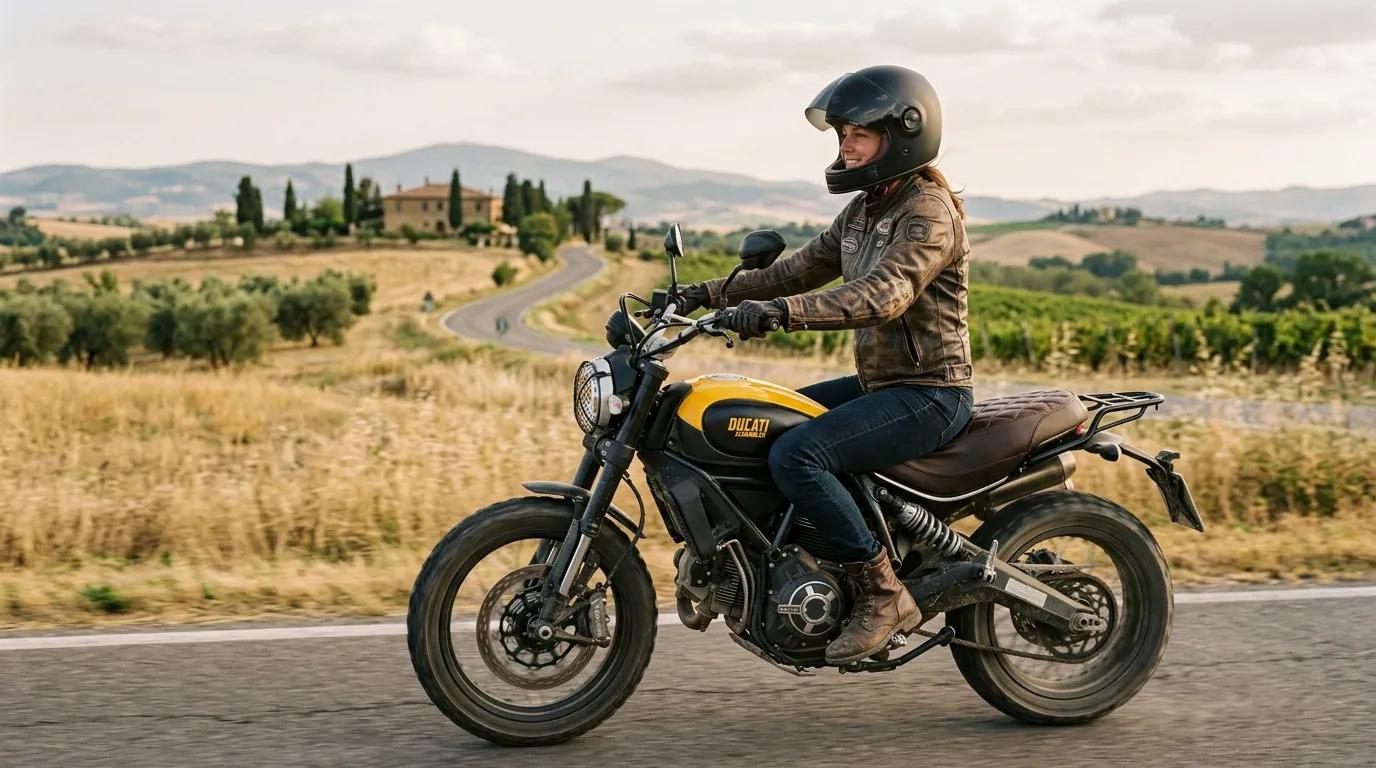 Motocycliste casqué sur Ducati jaune et noire en Toscane
