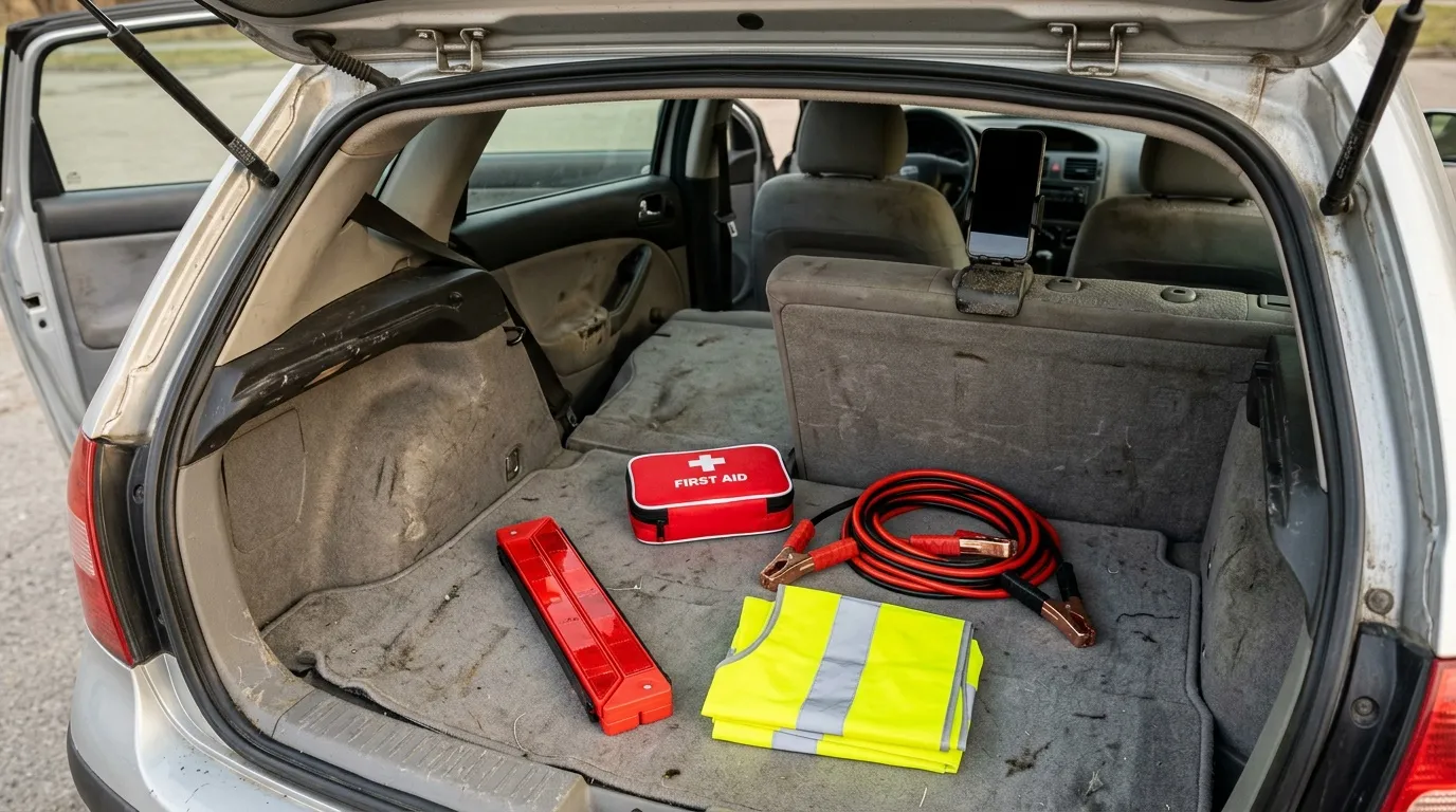 Coffre de voiture avec équipements de sécurité: trousse premiers secours, gilet fluorescent, câbles de démarrage.