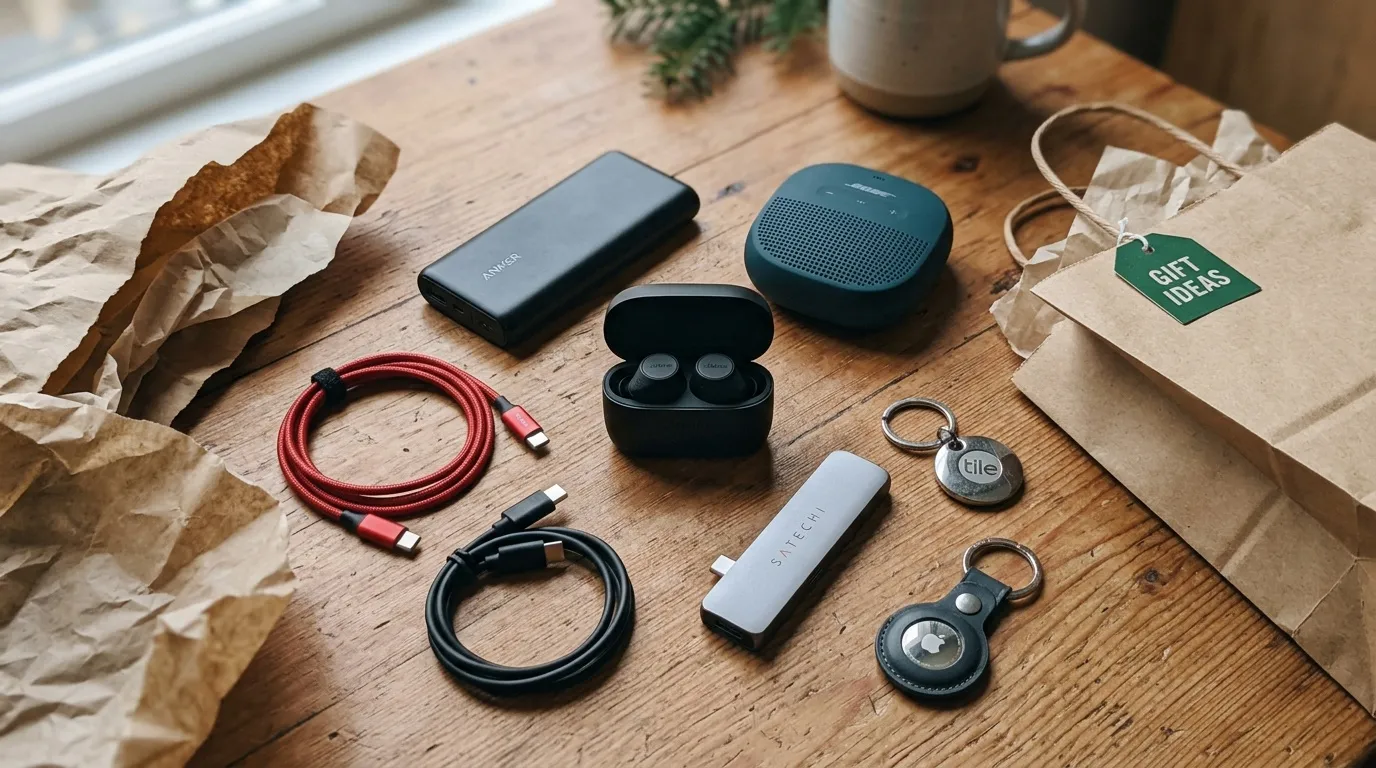 Accessoires tech : câbles, écouteurs, batterie, traceurs et haut-parleur