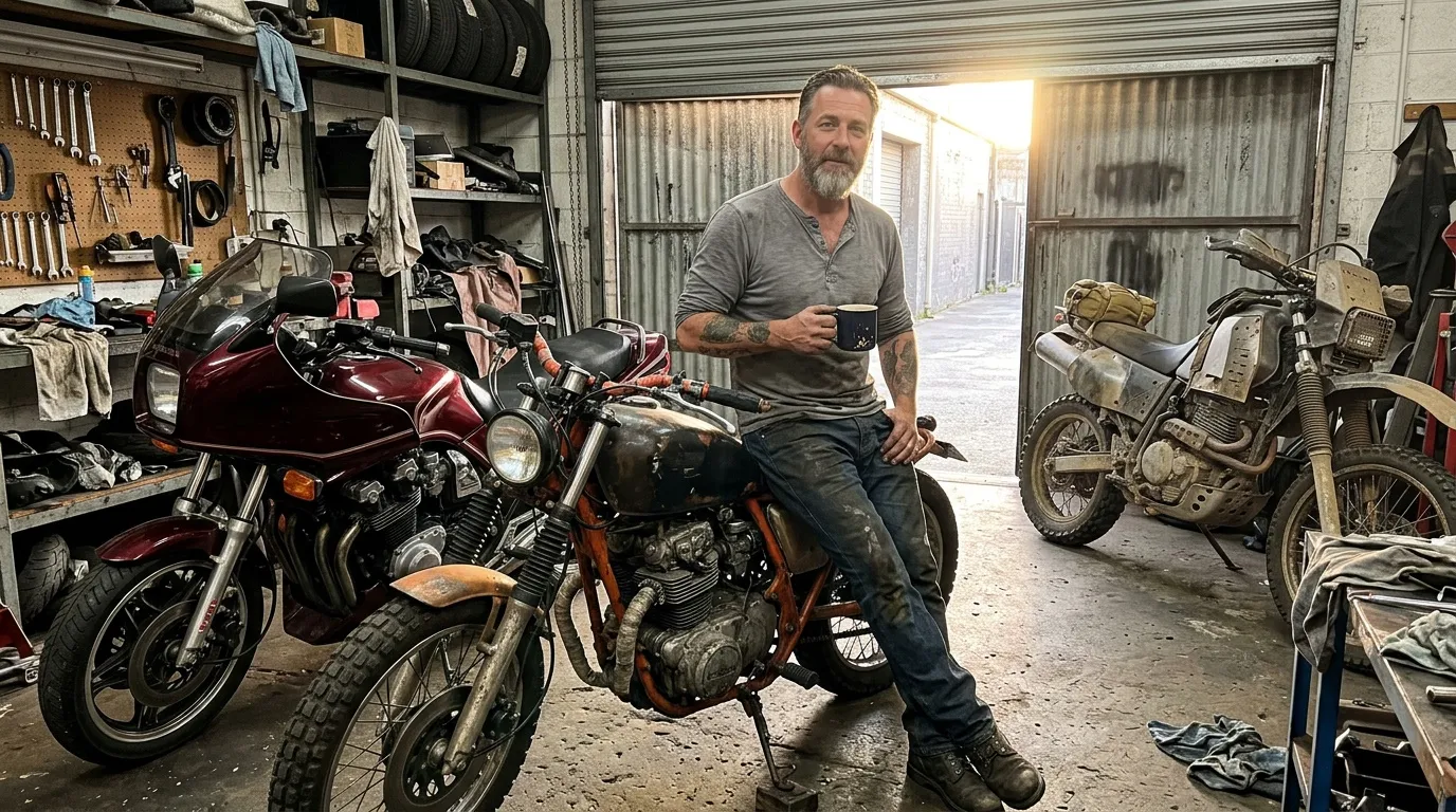 Homme posant dans garage avec motos anciennes
