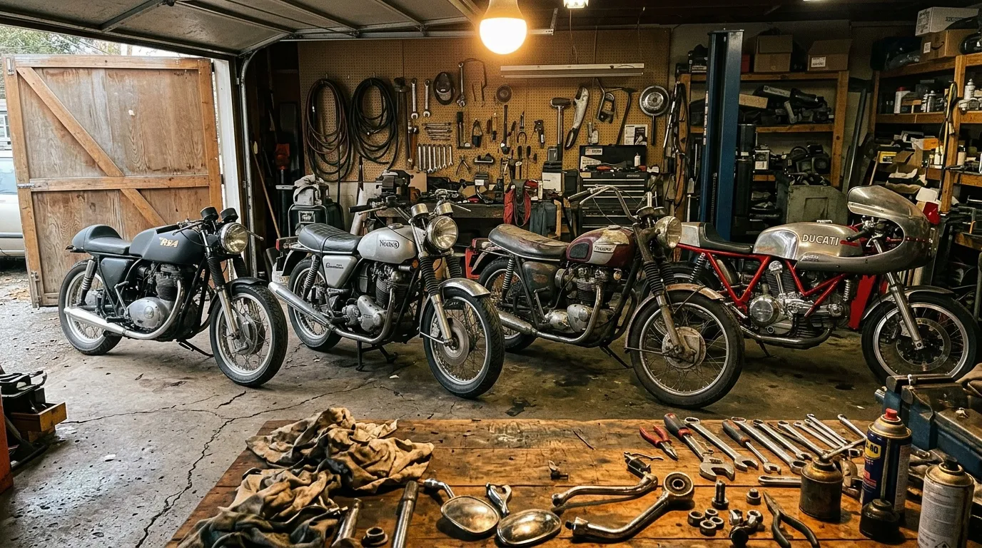 Garage avec motos anciennes et outils de mécanique