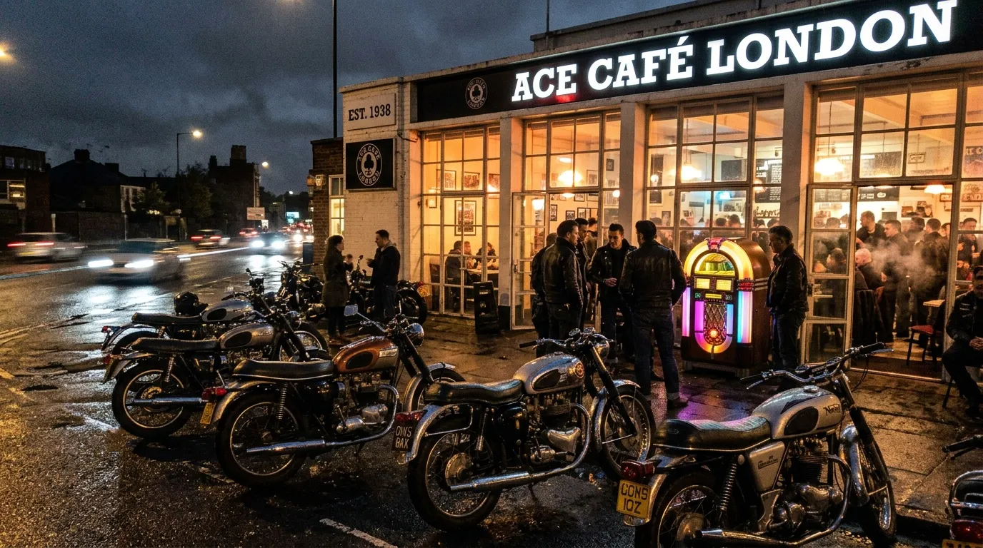 Motorcyclistes rassemblés devant le légendaire Ace Café London