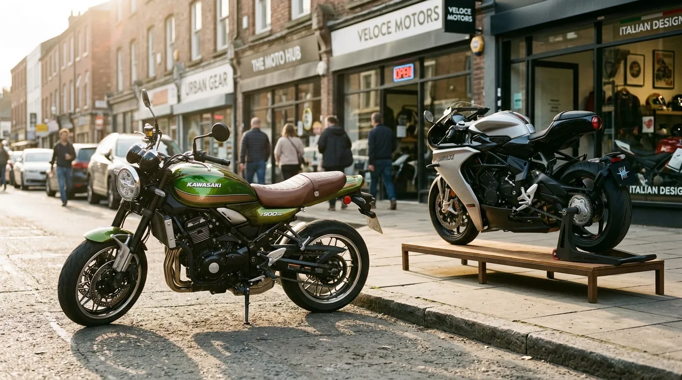Deux motos exposées sur trottoir devant magasins