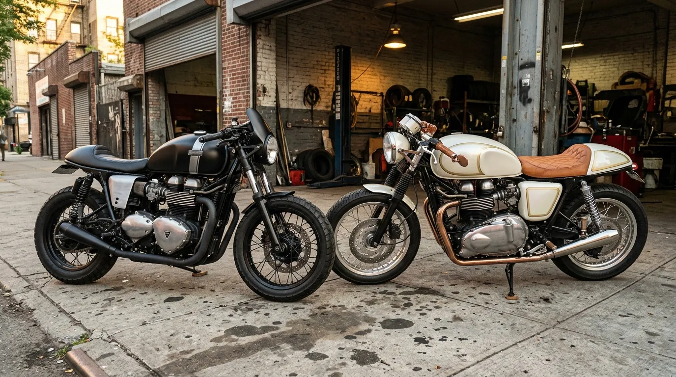Deux motos café racer garées devant un atelier mécanique