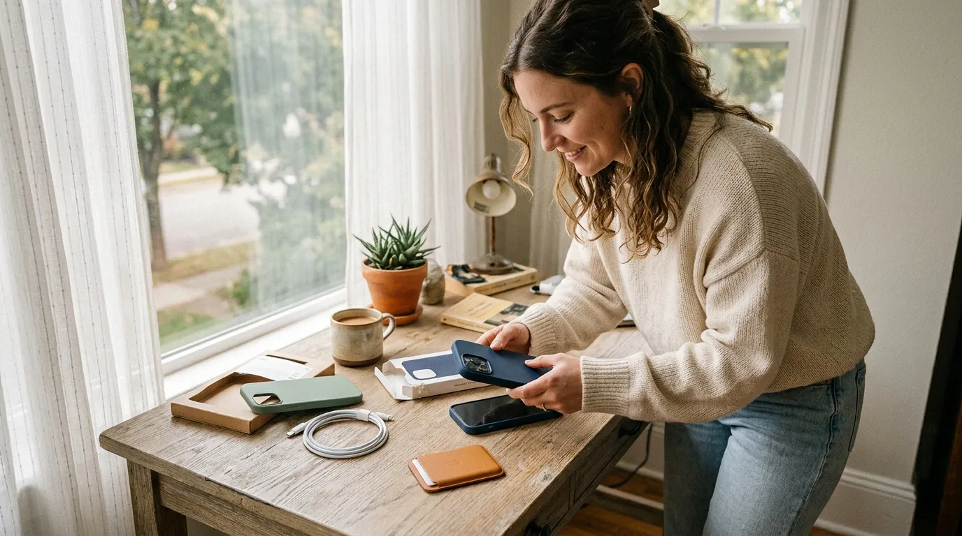 Femme organisant ses téléphones et accessoires près d'une fenêtre