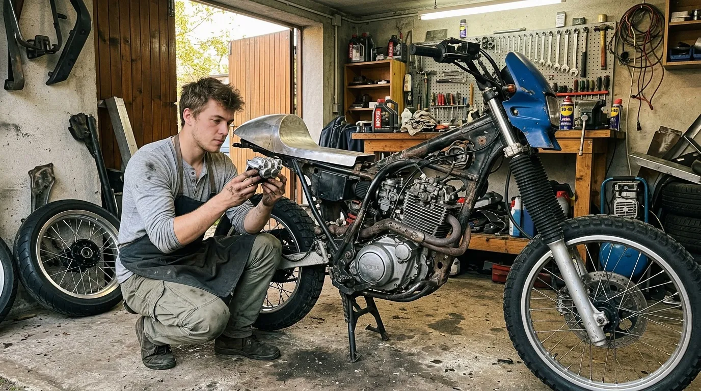 Jeune homme travaillant sur motocyclette en atelier