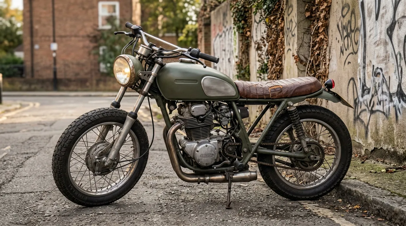 Moto customisée vintage garée dans une ruelle urbaine