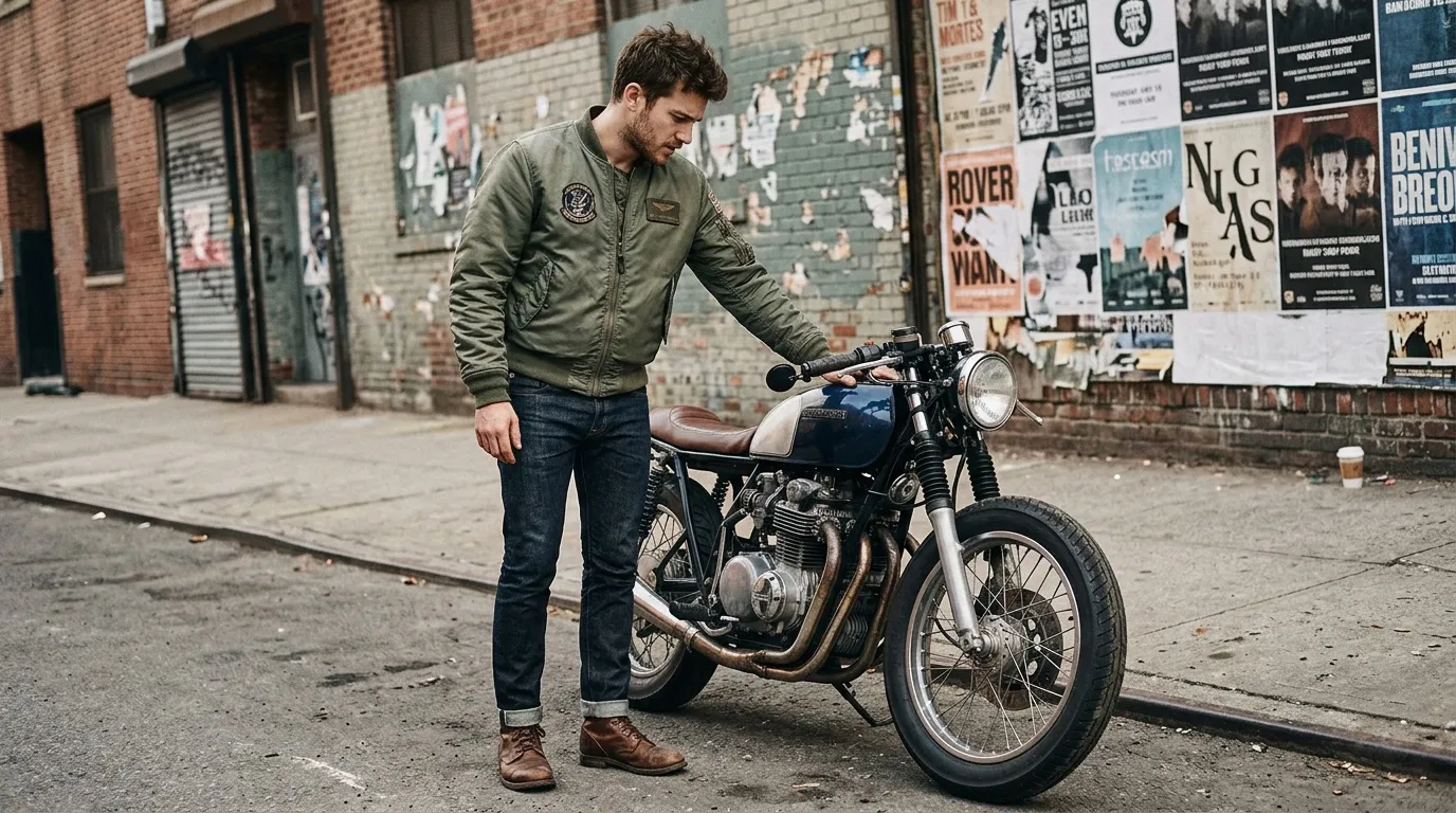 Homme admirant sa moto classique en ville
